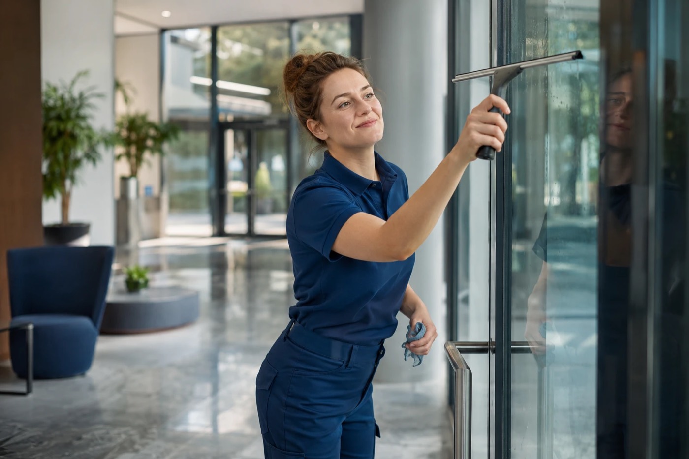 KK3 Mitarbeiterin bei der Glas- und Fensterreinigung in einem hellen Eingangsbereich